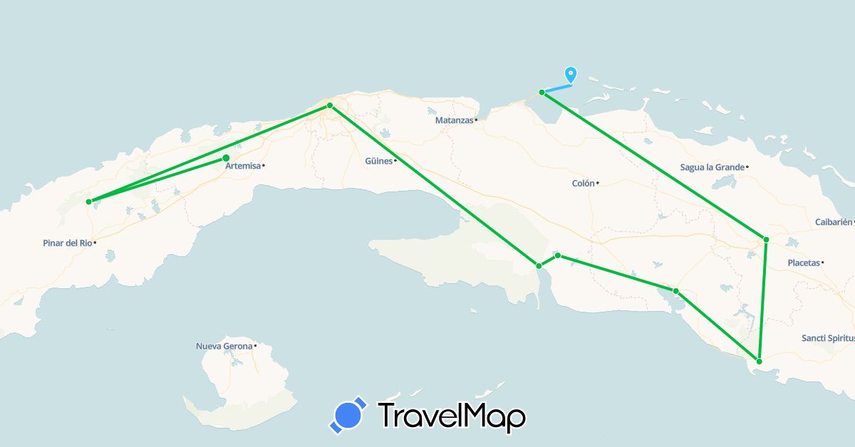 TravelMap itinerary: driving, bus, boat in Cuba (North America)